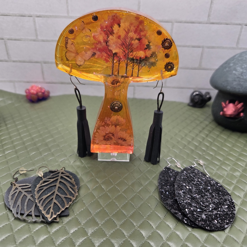964.  Set Of Three Leather Drop Earrings, Leaf Tassel And Sparkle